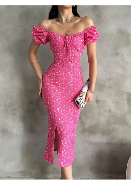 Yazlık Çiçek Desen Karpuz Kol Yırtmaç Detay Midi Boy Elbise indirimleri