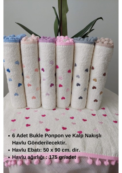 6'lı Krem Renkli Ponponlu Kalp Nakışlı Pamuklu El Yüz Havlusu fiyatları