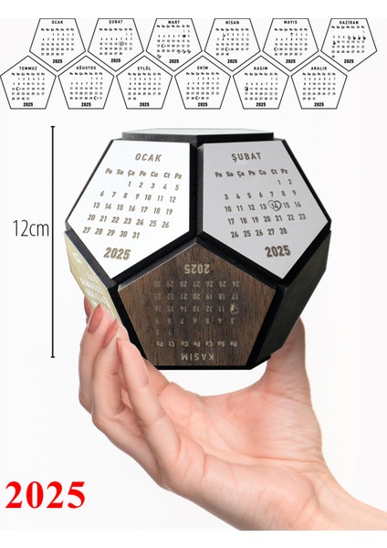 Masaüstü 2025 Takvim - Ahşap 3 Boyutlu Dodecahedron Takvim