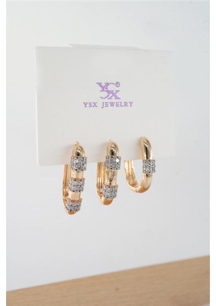 Kadın Vip Seri Antialerjik Baget Zirkon Taşlı Rodajlı 2 Renk 3'lü Küpe