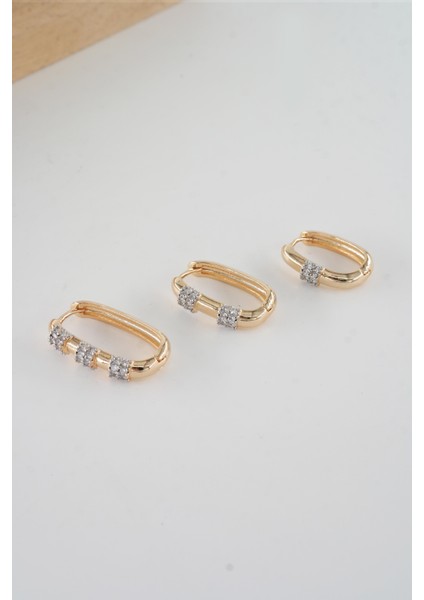 Kadın Vip Seri Antialerjik Baget Zirkon Taşlı Rodajlı 2 Renk 3'lü Küpe modelleri