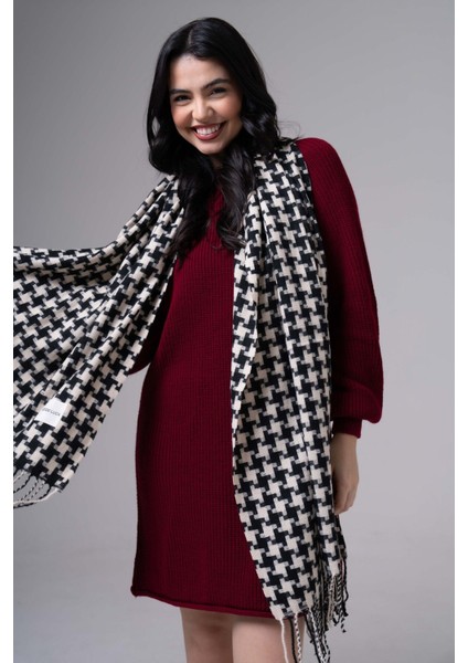 Dama Desenli Kaşmir %100 Viscone Siyah-Beyaz Şal