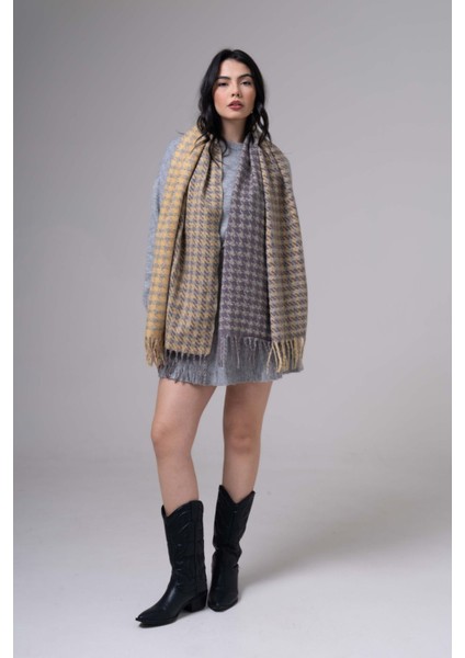 Kare Desenli Püsküllü Kaşmir %100 Viscose Gri Somon Şal