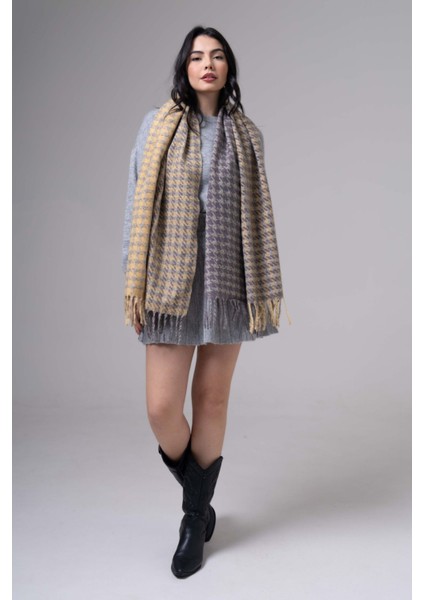 Kare Desenli Püsküllü Kaşmir %100 Viscose Gri Somon Şal fiyatları