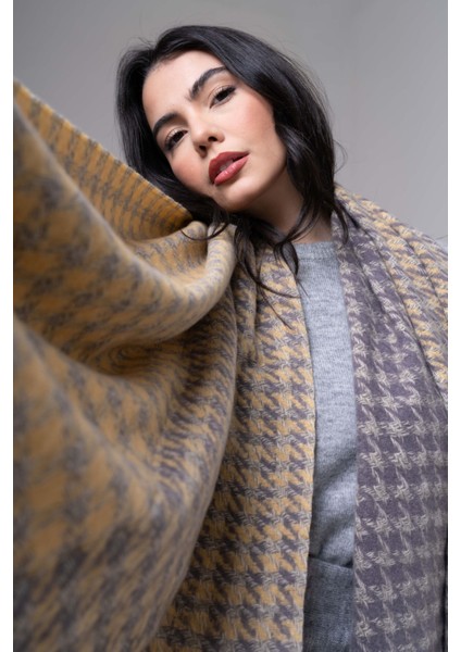 Kare Desenli Püsküllü Kaşmir %100 Viscose Gri Somon Şal modelleri