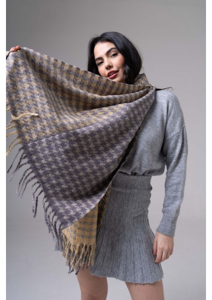 Kare Desenli Püsküllü Kaşmir %100 Viscose Gri Somon Şal indirimleri