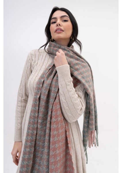 Kare Desenli Püsküllü Kaşmir %100 Viscose Pudra Gri Şal indirimleri