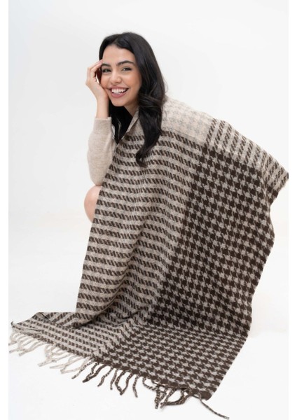 Kare Desenli Püsküllü Kaşmir %100 Viscose Kahve Bej Şal