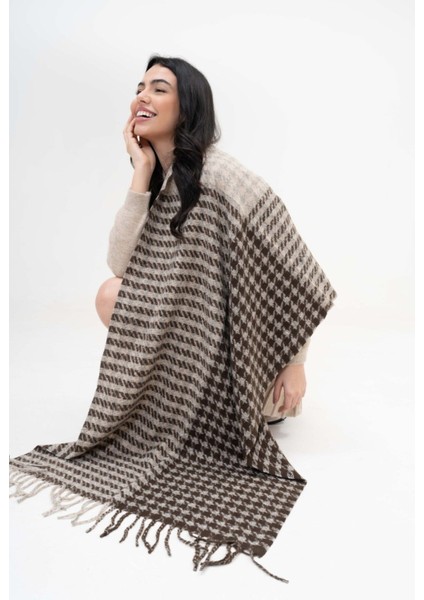 Kare Desenli Püsküllü Kaşmir %100 Viscose Kahve Bej Şal fiyatları