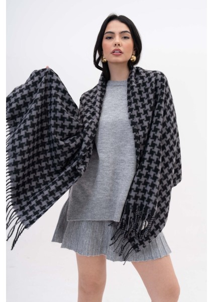 Dama Desenli Kaşmir %100 Viscone Gri-Siyah Şal