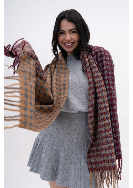 Kare Desenli Püsküllü Kaşmir %100 Viscose Bordo Mavi Şal