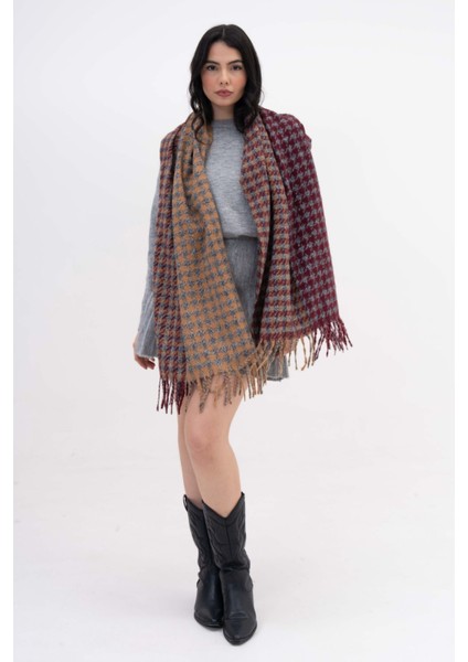 Kare Desenli Püsküllü Kaşmir %100 Viscose Bordo Mavi Şal modelleri