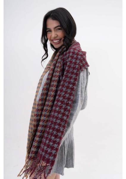 Kare Desenli Püsküllü Kaşmir %100 Viscose Bordo Mavi Şal fırsatları