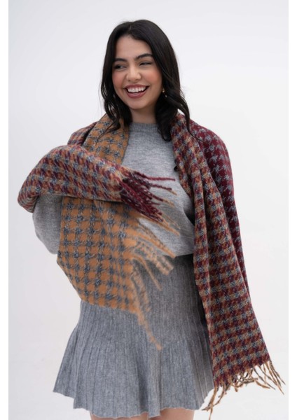 Kare Desenli Püsküllü Kaşmir %100 Viscose Bordo Mavi Şal indirimleri