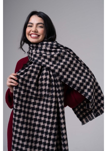 Kazayağı Desenli Kaşmir %100 Viscose Siyah-Bej Şal indirimleri