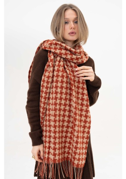 Dama Desenli Kaşmir %100 Viscone Turuncu-Bej Şal fiyatları