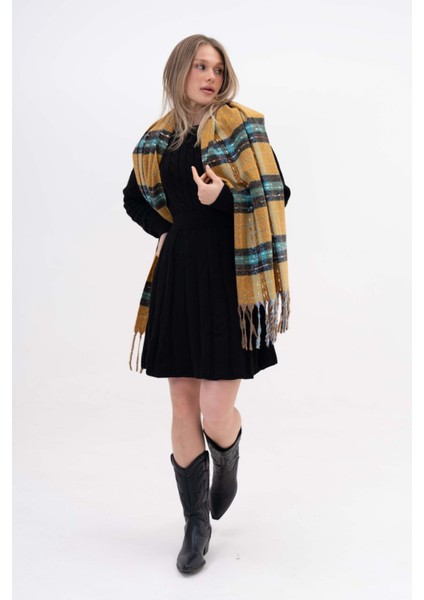 Ekose Desenli Püsküllü Kaşmir %100 Viscose Somon Yeşil Çizgili Şal