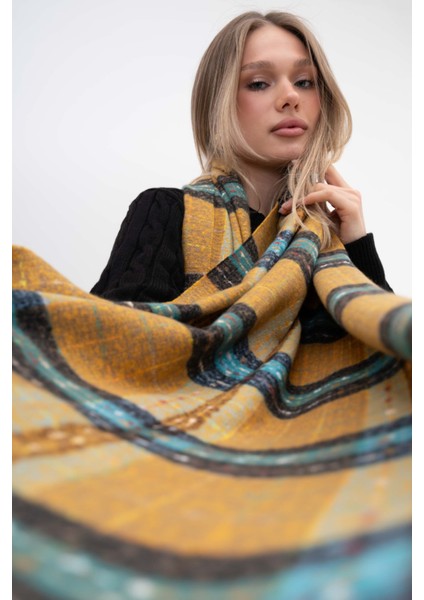 Ekose Desenli Püsküllü Kaşmir %100 Viscose Somon Yeşil Çizgili Şal fiyatları