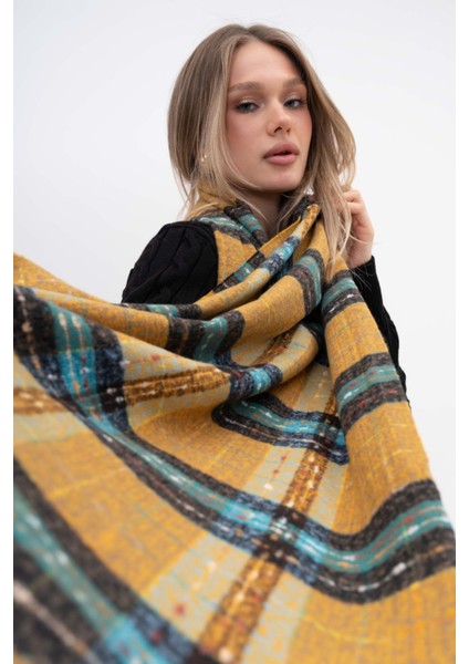 Ekose Desenli Püsküllü Kaşmir %100 Viscose Somon Yeşil Çizgili Şal modelleri
