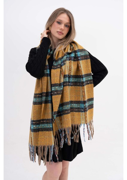 Ekose Desenli Püsküllü Kaşmir %100 Viscose Somon Yeşil Çizgili Şal indirimleri