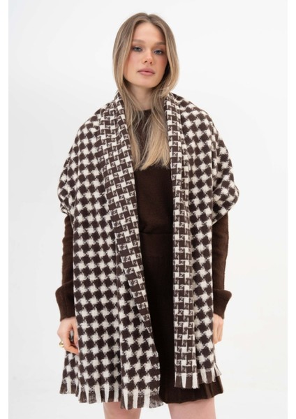 Kazayağı Desenli Kaşmir %100 Viscose Kahverengi-Krem Şal