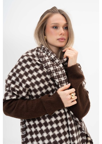 Kazayağı Desenli Kaşmir %100 Viscose Kahverengi-Krem Şal indirimleri