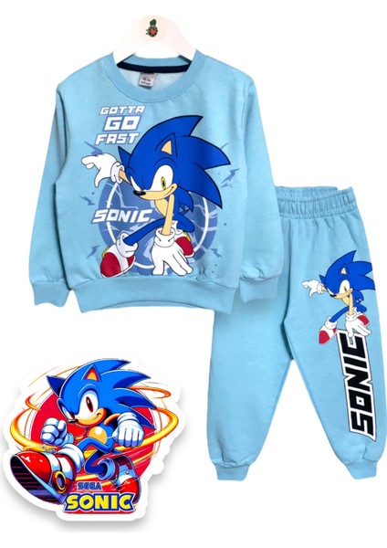 Erkek Çocuk Mavi Sonic Baskılı Uzun Kollu Şardonlu Sweatshirt / Eşofman Takımı