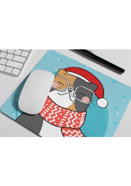Sevimli Gözlüklü Kedi Yılbaşı Temalı Baskılı Hediyelik Dikdörtgen Mousepad