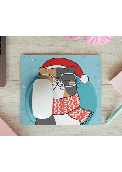 Sevimli Gözlüklü Kedi Yılbaşı Temalı Baskılı Hediyelik Dikdörtgen Mousepad