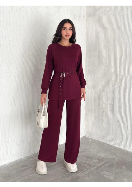 Kadın Modal Kumaş Kemer Detaylı Uzun Kollu Tunik Bol Paça Pantolon Takım fırsatları