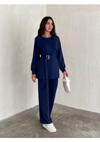 Kadın Modal Kumaş Kemer Detaylı Uzun Kollu Tunik Bol Paça Pantolon Takım modelleri