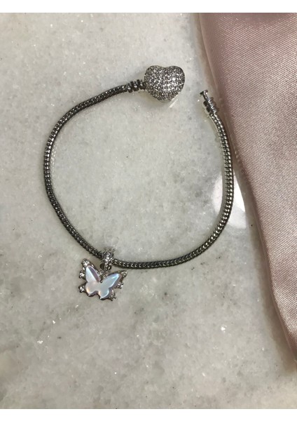 Pandora Model Taşlı Kalp Bileklik ve pembe Kelebek Charm Seti Çelik Kaplama 16 cm