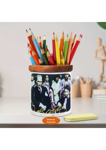 Çocuk Bayramında Mustafa Kemal Atatürk Ahşap Seramik Kalemlik-96 fiyatları