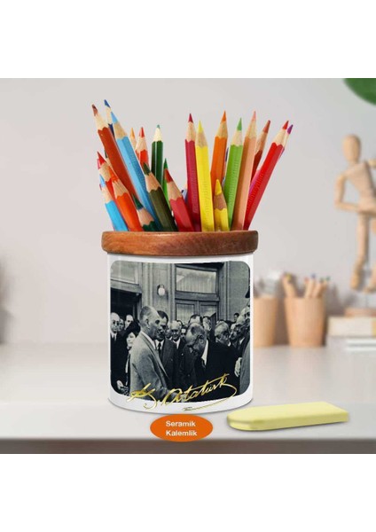 Gazi Mustafa Kemal Atatürk Ahşap Seramik KALEMLIK-S516