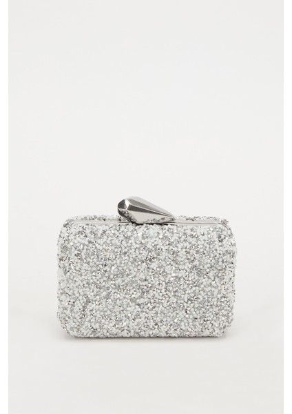 Mini Gümüş Beyaz Kare Taşlı Abiye El Çantası