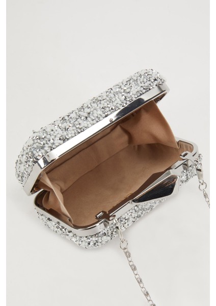 Mini Gümüş Beyaz Kare Taşlı Abiye El Çantası modelleri