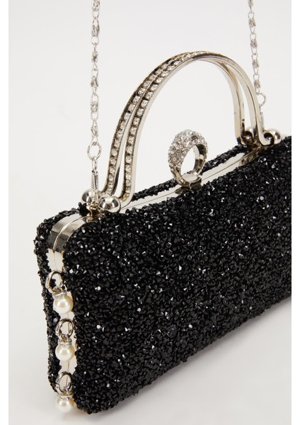 Mini Siyah Taş İşleme Saplı Abiye El Çantası modelleri