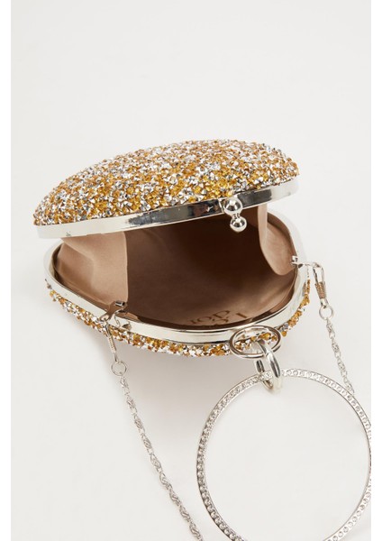 Mini Gold Oval Taşlı Abiye El Çantası modelleri