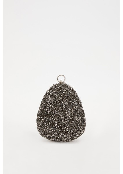 Mini Platin Oval Taşlı Abiye El Çantası