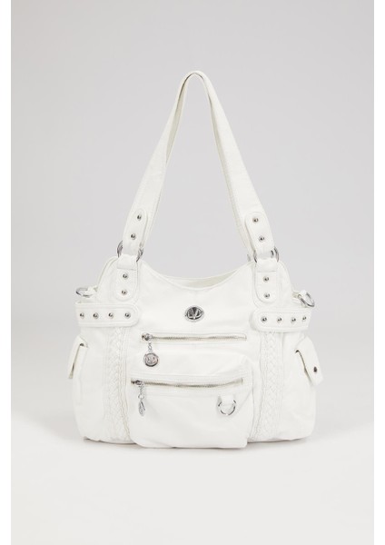 Beyaz Çok Bölmeli Örgü Detay Omuz Çantası