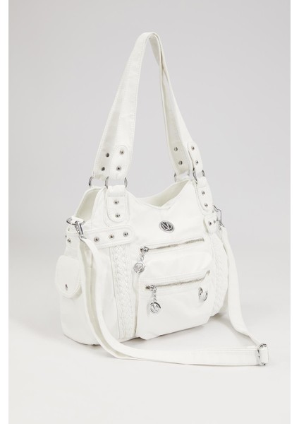 Beyaz Çok Bölmeli Örgü Detay Omuz Çantası modelleri