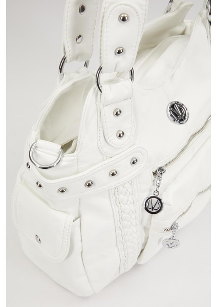 Beyaz Çok Bölmeli Örgü Detay Omuz Çantası fırsatları