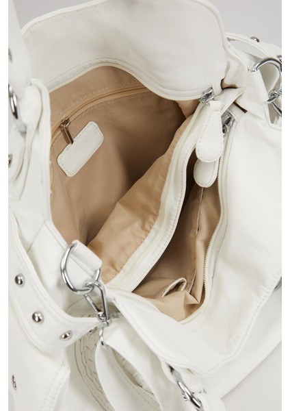 Beyaz Çok Bölmeli Örgü Detay Omuz Çantası indirimleri