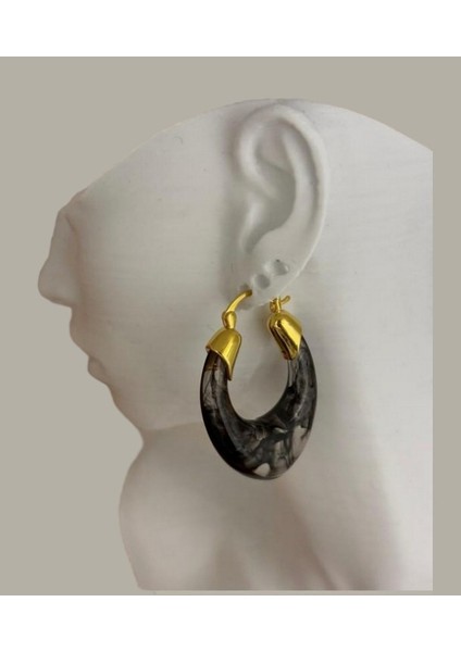 Siyah Kemik Damla Gold Çelik Küpe