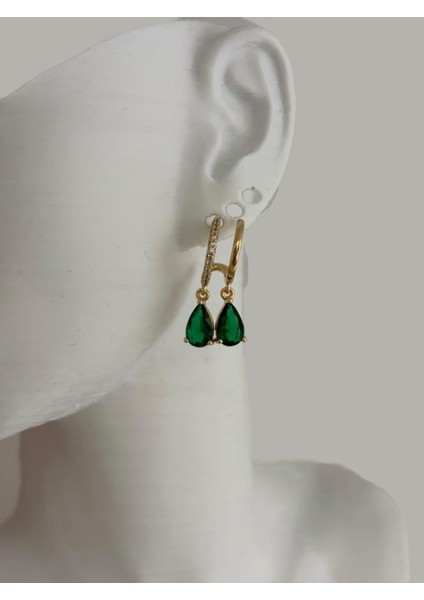 Yeşil Zirkon Taşlı Halka Rose Gold Vip Çelik Küpe