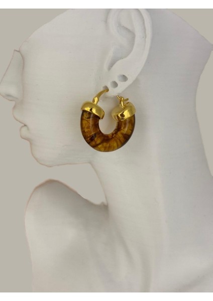 Kahve Kemik Halka Gold Çelik Küpe