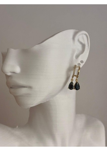 Siyah Zirkon Taşlı Halka Rose Gold Vip Çelik Küpe