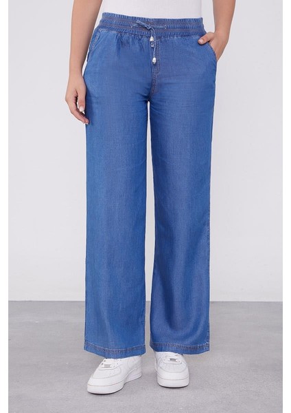 Mavi Beli Lastikli Jean Görünümlü Pantolon