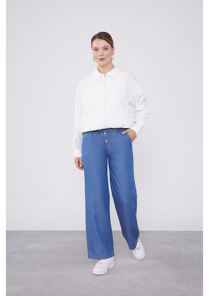 Mavi Beli Lastikli Jean Görünümlü Pantolon