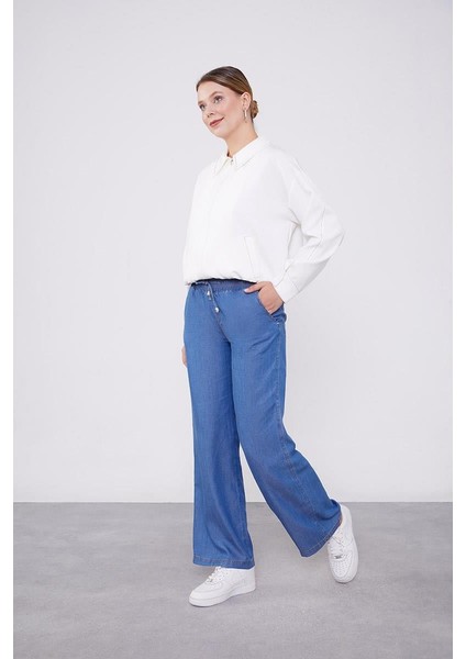Mavi Beli Lastikli Jean Görünümlü Pantolon